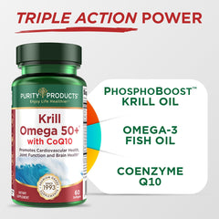 Purity Products Krill Omega 50+ Plus pack shot, convenient 60-soft-gel bottle for daily use