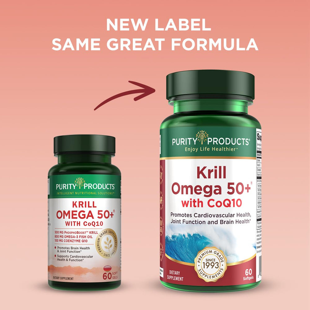 Purity Products Krill Omega 50+ Plus soft gels close-up highlighting premium omega-3 blend for balanced intake