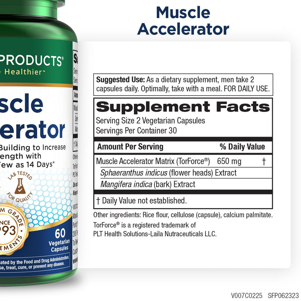 Purity Products Muscle Accelerator capsules closeup highlighting the 650 mg blend in vegetarian capsules.