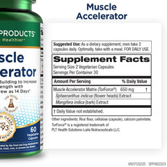 Purity Products Muscle Accelerator capsules closeup highlighting the 650 mg blend in vegetarian capsules.