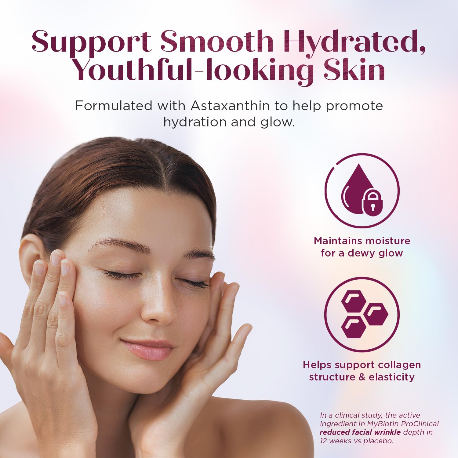 Purity Products MyBiotin ProClinical capsules with astaxanthin for hydrated, smoother skin.
