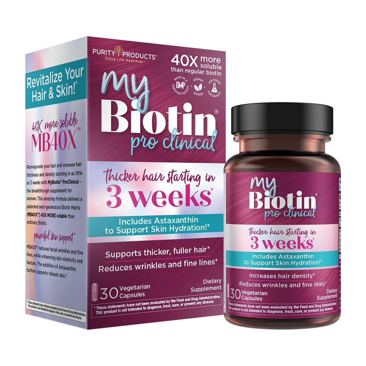 Purity Products MyBiotin ProClinical bottle on white background highlights convenient daily use.