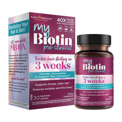 Purity Products MyBiotin ProClinical bottle on white background highlights convenient daily use.