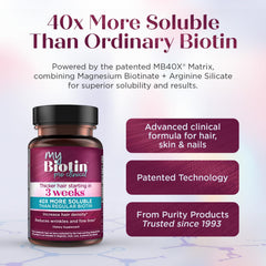 Purity Products MyBiotin ProClinical capsule closeup suggests easy, vegetarian daily intake.