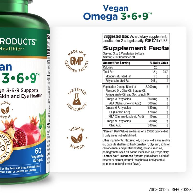 Purity Products Omega 3-6-9 bottle closeup showing vegan formulation.