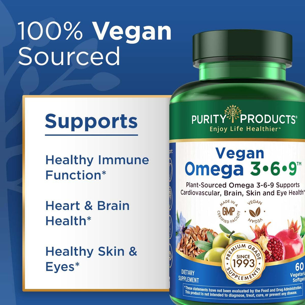 Purity Products Omega 3-6-9 flaxseed oil as plant-based source.