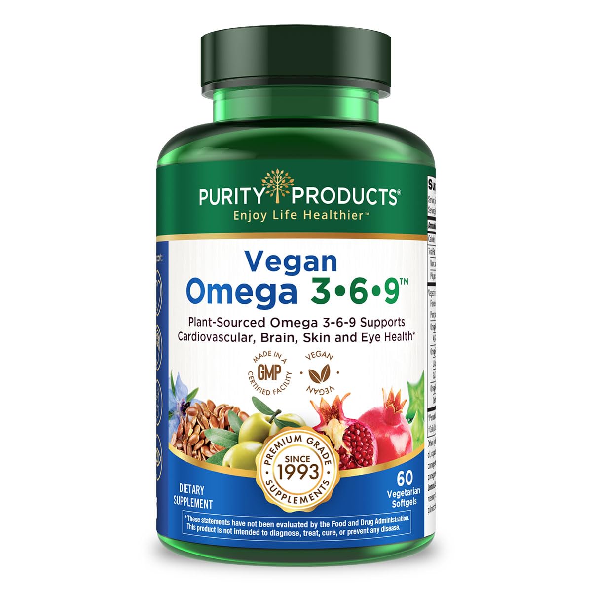 Purity Products Omega 3-6-9 softgels with LemonLock freshness system.