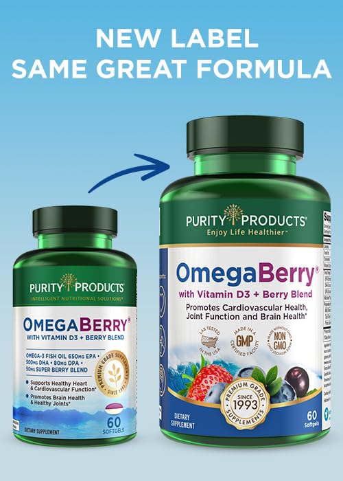 Purity Products OmegaBerry berry flavor on glass emphasizes enjoyable omega-3 intake.