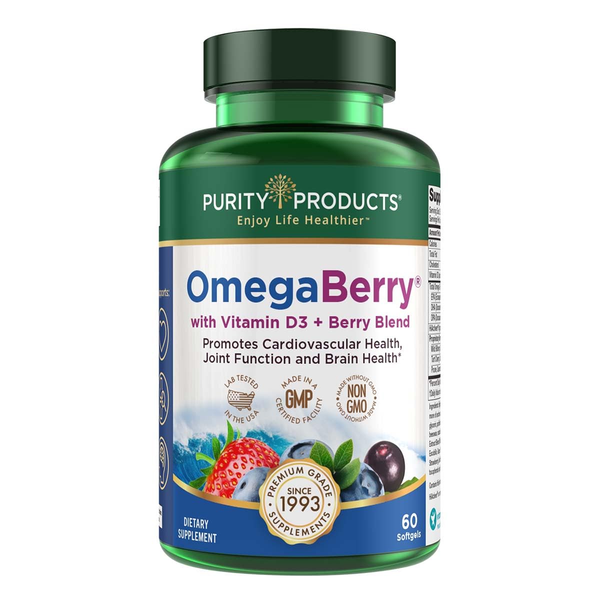 Purity Products OmegaBerry bottle pours showing berry-omega-3 blend for daily support.