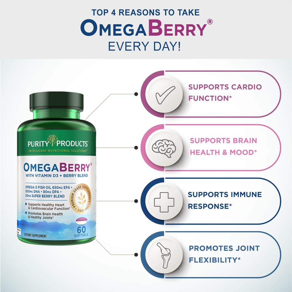 Purity Products OmegaBerry DHA EPA label close-up with 1250 mg per serving provided.