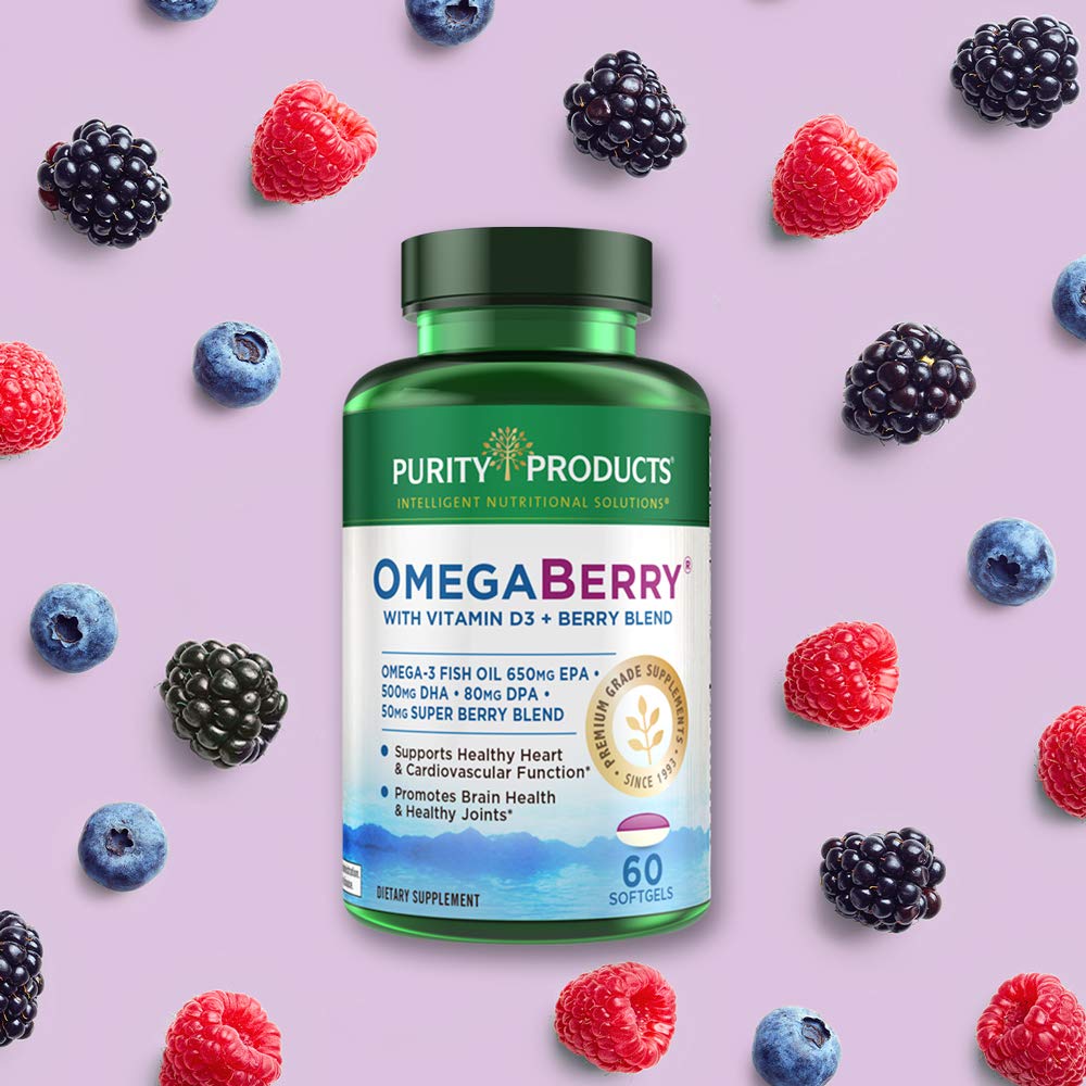 Purity Products OmegaBerry organic acai imagery conveys antioxidant-rich blend.