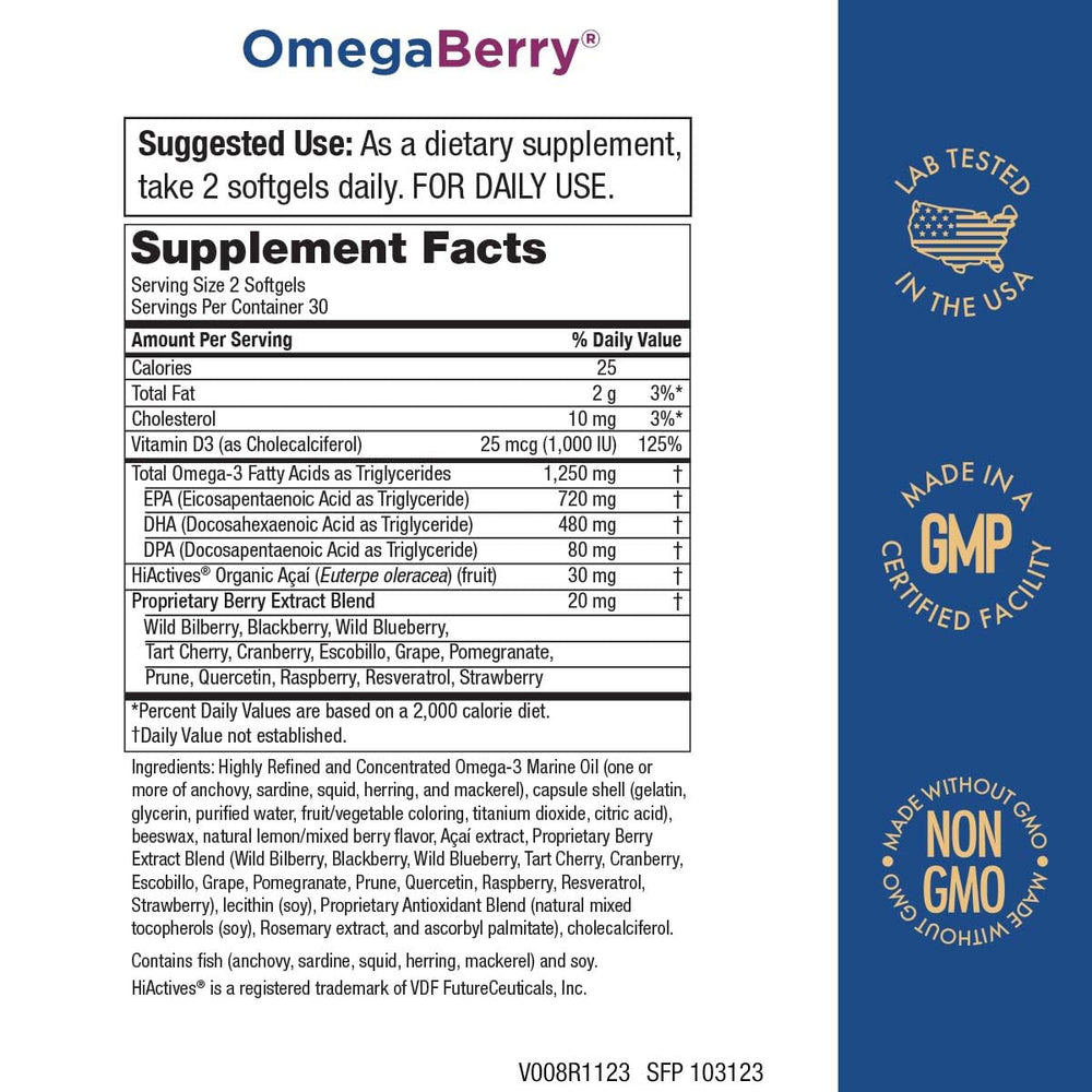Purity Products OmegaBerry softgel close-up highlighting DHA and EPA for heart and brain support.