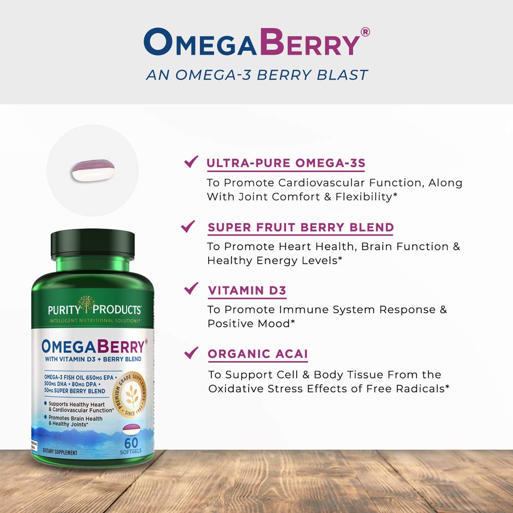 Purity Products OmegaBerry vitamin D3 bottle highlights 1000 IU for immune support.