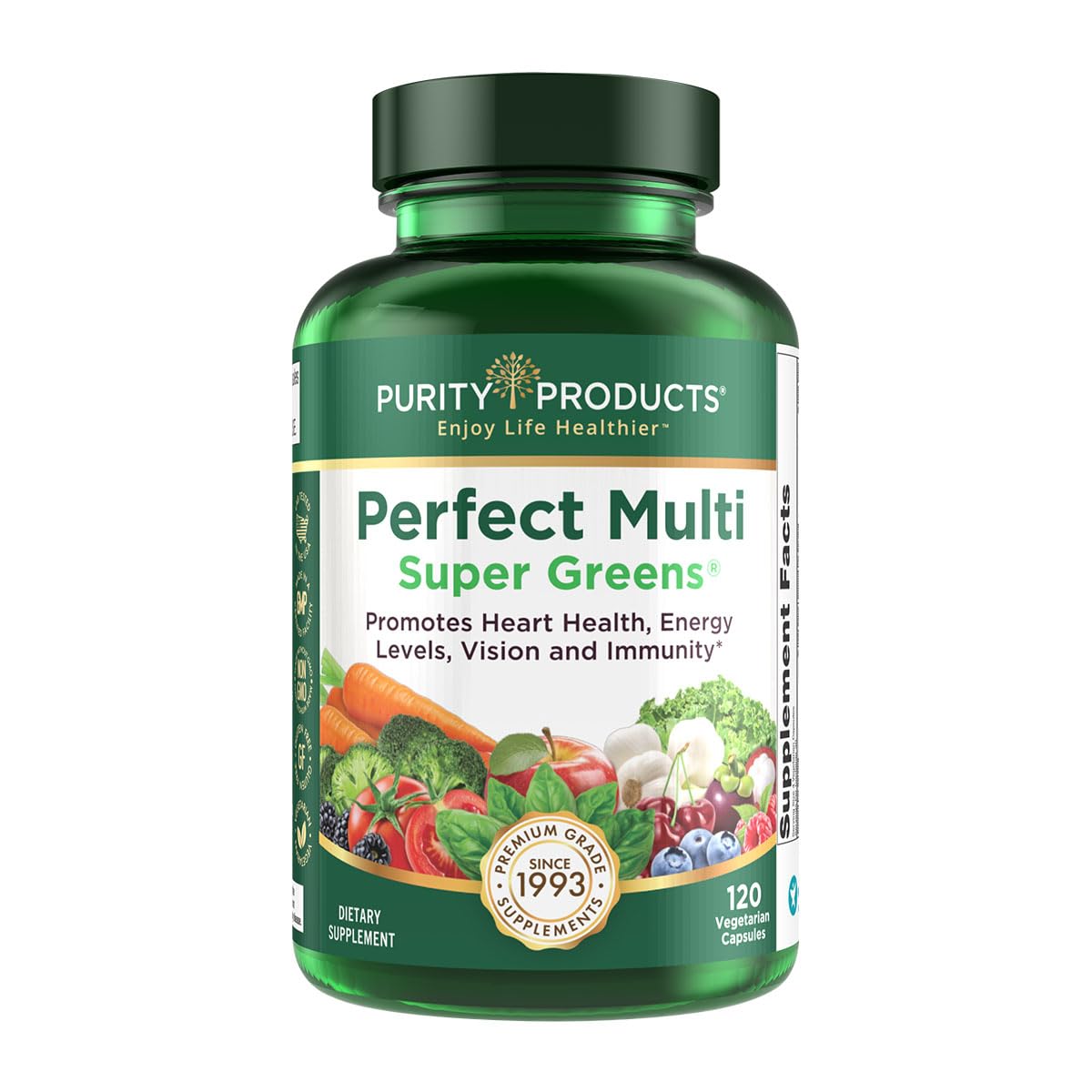 Purity Products Perfect Multi Super Greens bottle front showing a complete daily multivitamin blend for wellness.