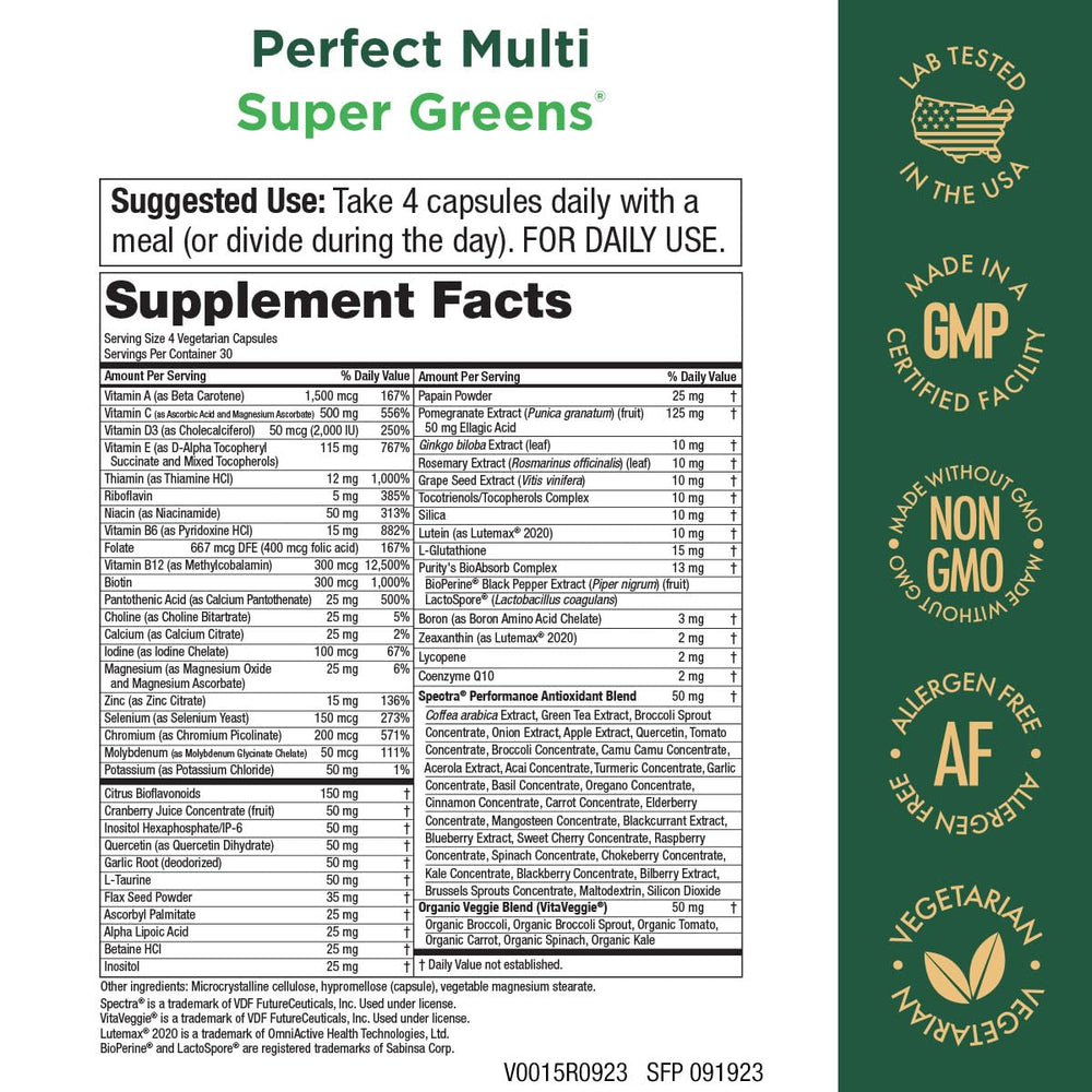 Purity Products Perfect Multi Super Greens label closeup highlighting essential vitamins and minerals.