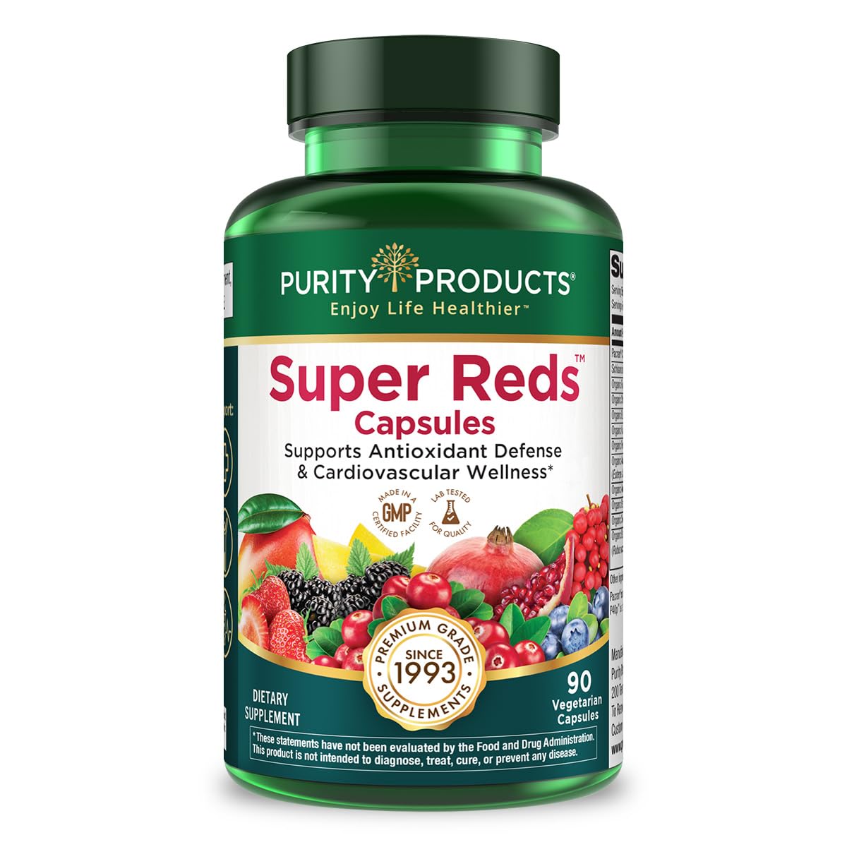 Purity Products Super Reds bottle close-up showing organic fruits for daily energy support.