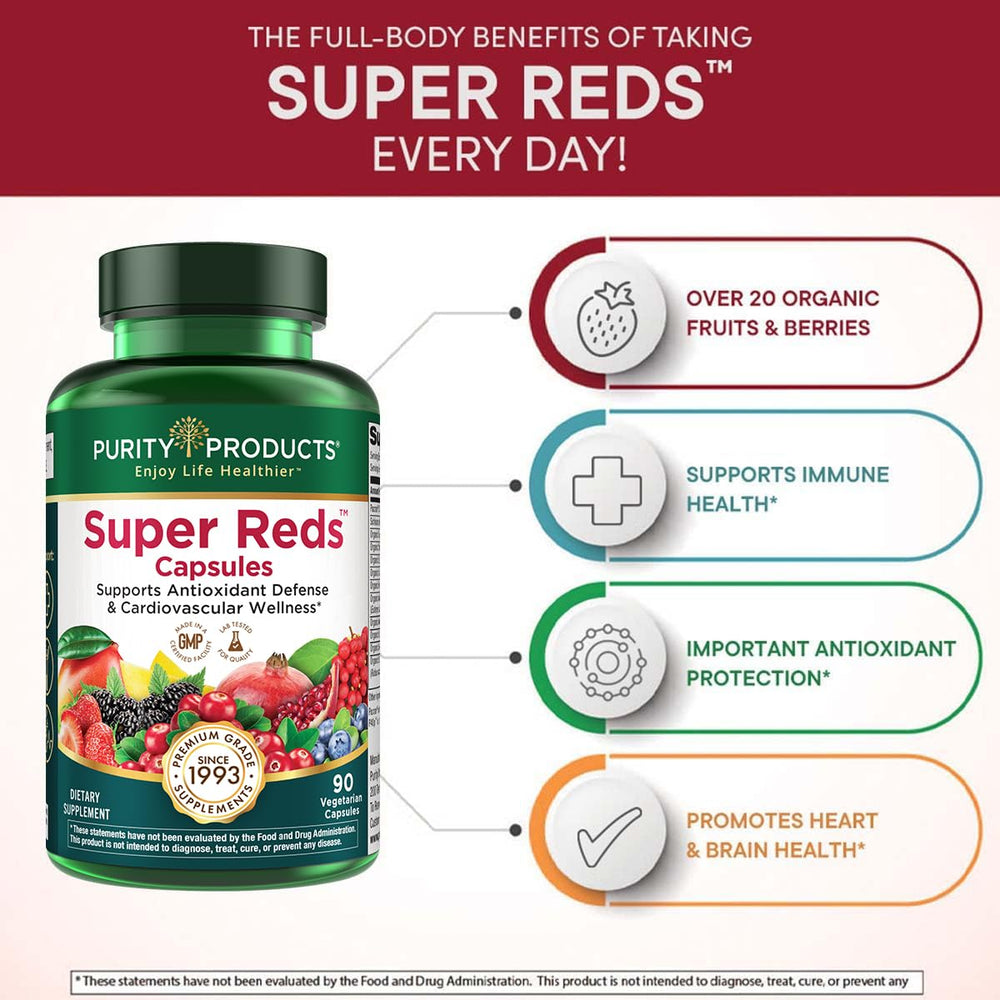 Organic fruit blend label on Purity Products Super Reds bottle, emphasizing certified organic ingredients.