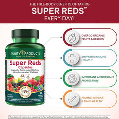 Organic fruit blend label on Purity Products Super Reds bottle, emphasizing certified organic ingredients.