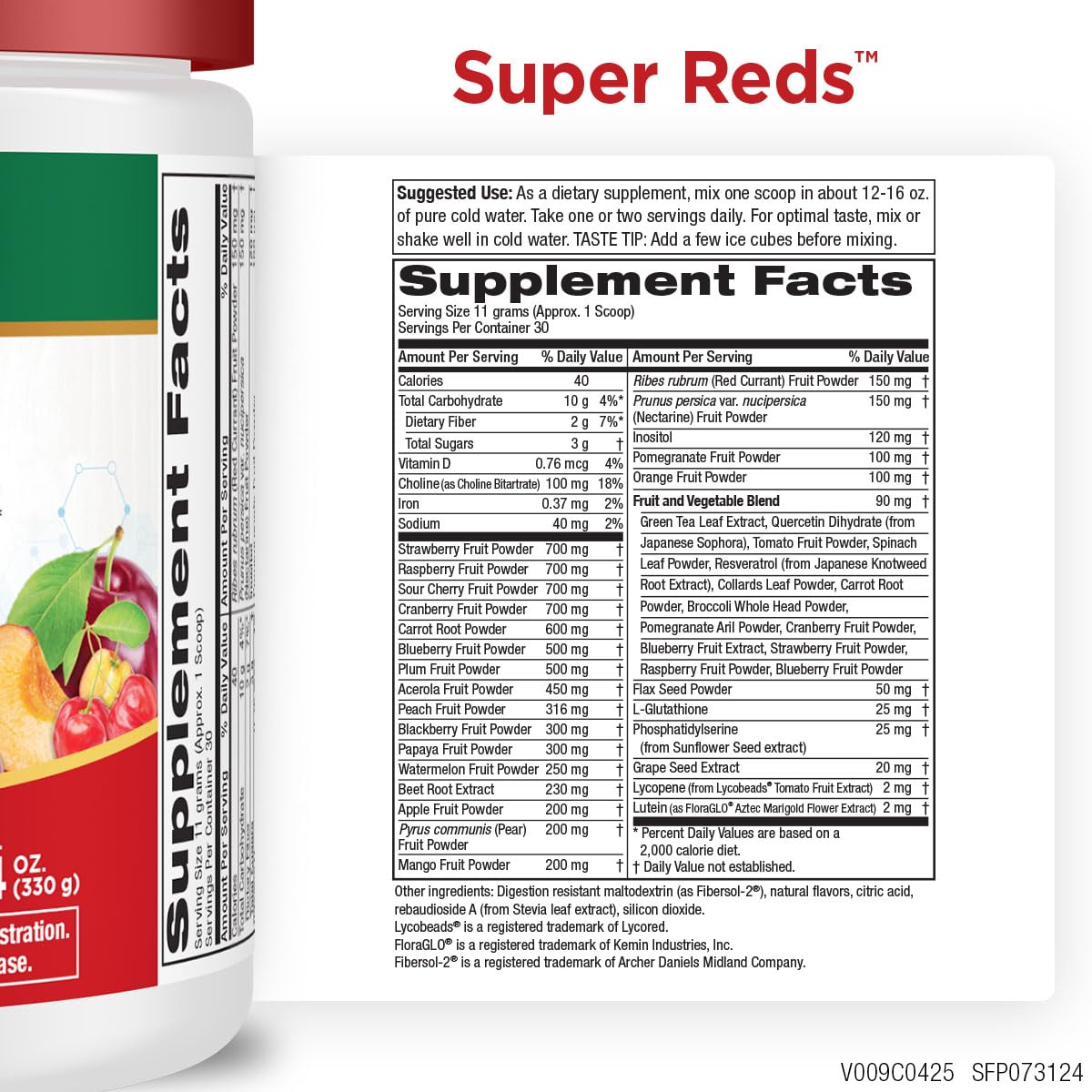 Purity Products Super Reds label close-up highlights berries and greens for phytonutrient variety.