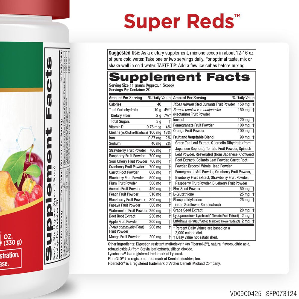 Purity Products Super Reds label close-up highlights berries and greens for phytonutrient variety.