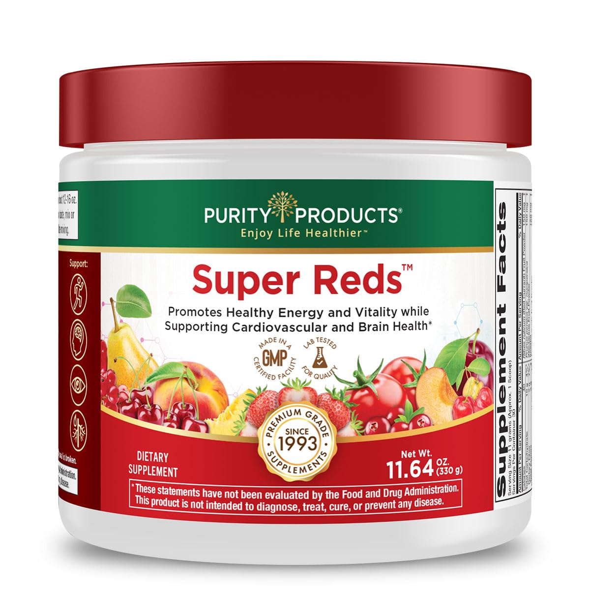 Purity Products Super Reds powder bottle shows convenient daily antioxidant support.