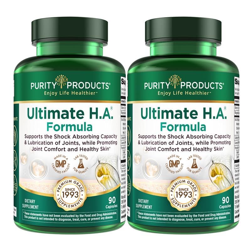 Purity Products Ultimate HA Formula bottle close-up highlighting hydration and joint support potential.