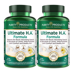 Purity Products Ultimate HA Formula bottle close-up highlighting hydration and joint support potential.