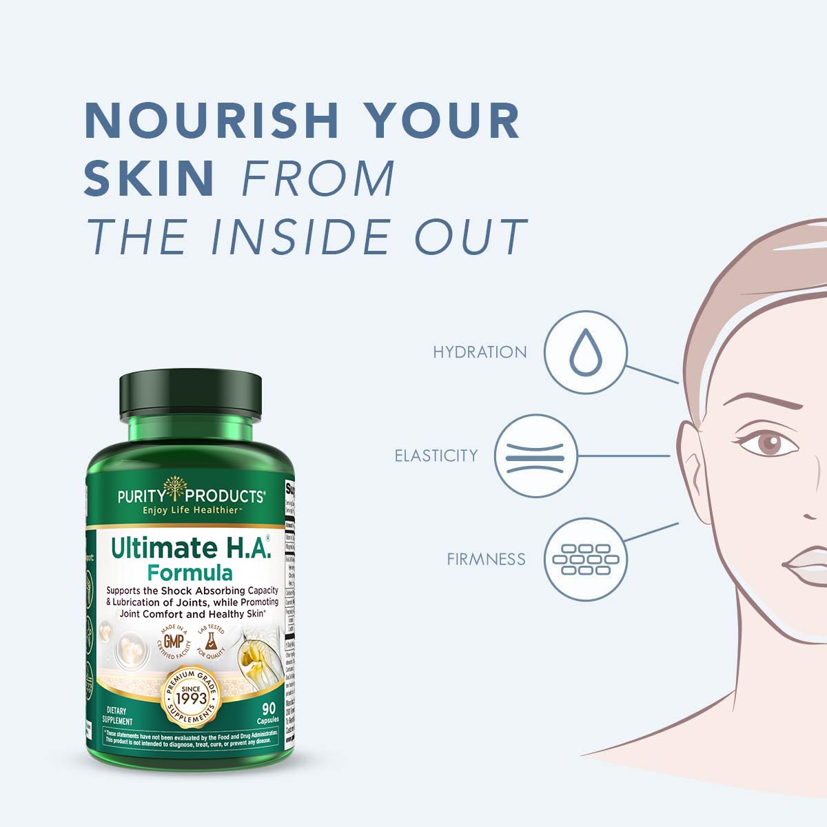 Purity Products Ultimate HA Formula label detail showing patented ingredients and skin/joint benefits.