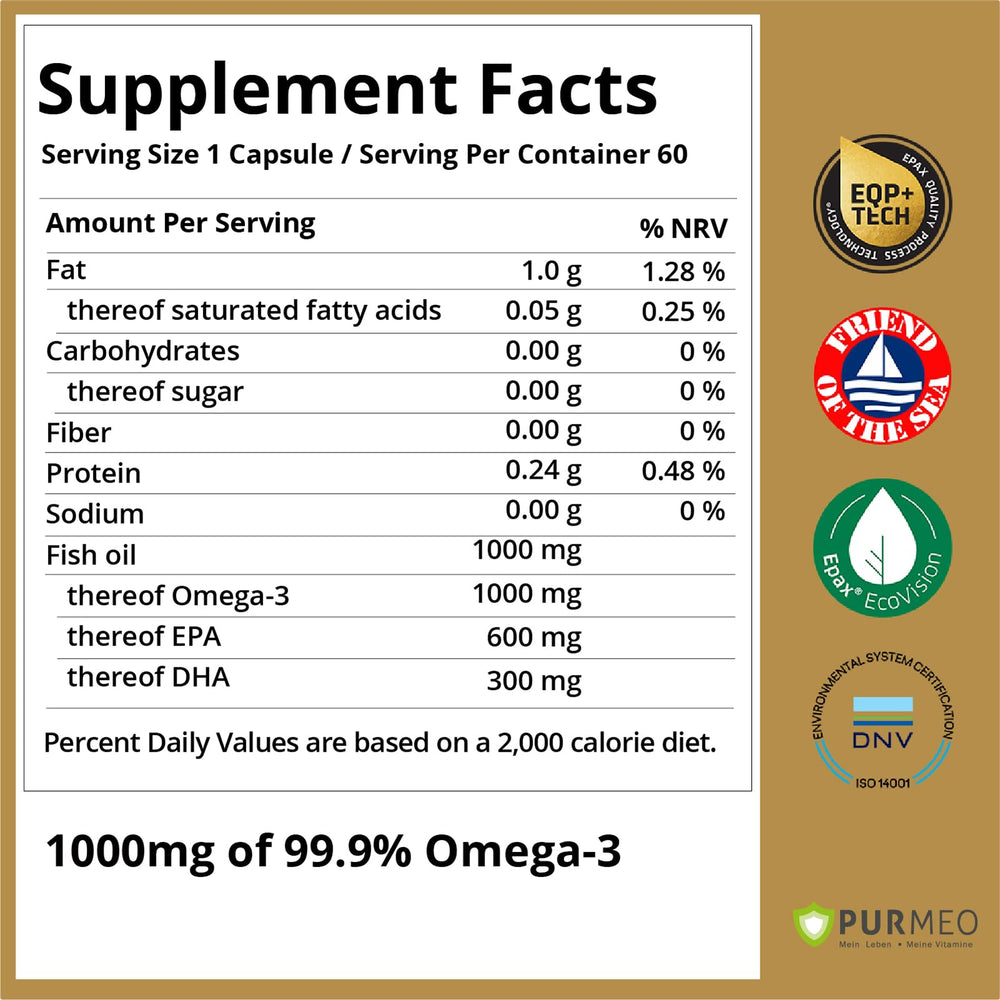 Purmeo omega-3 packaging on kitchen counter.