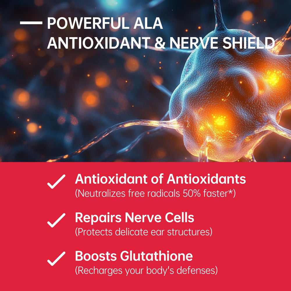 Purmeo Tinnitus Relief ingredients list highlighting alpha-lipoic acid and B vitamins.