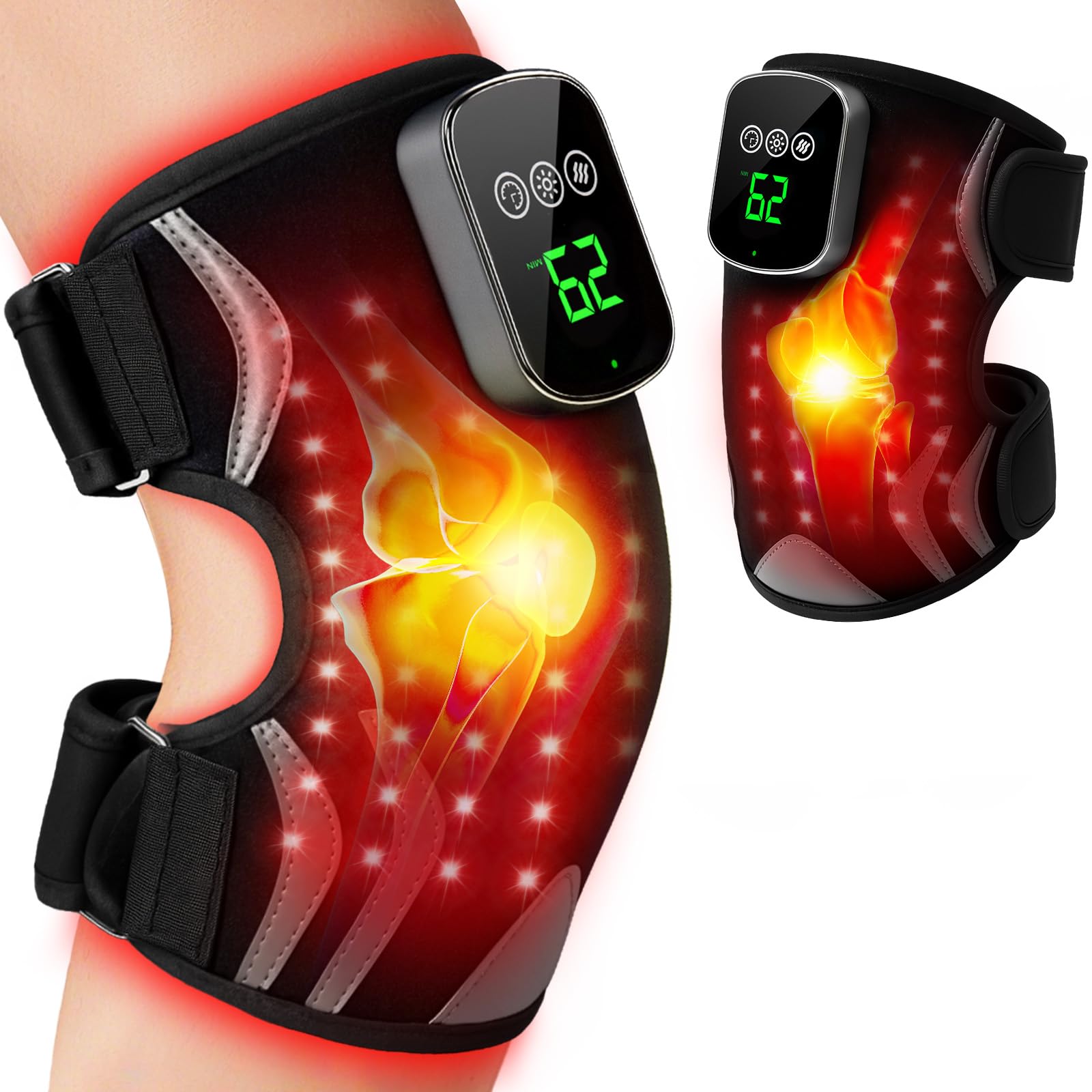 Brand Puroth red light knee brace front view with cordless massage capability.