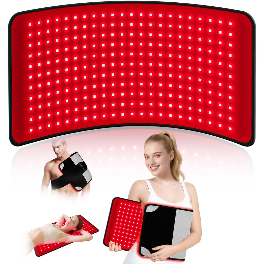 Puroth red light therapy mat positioned on back for relaxation and circulation support.