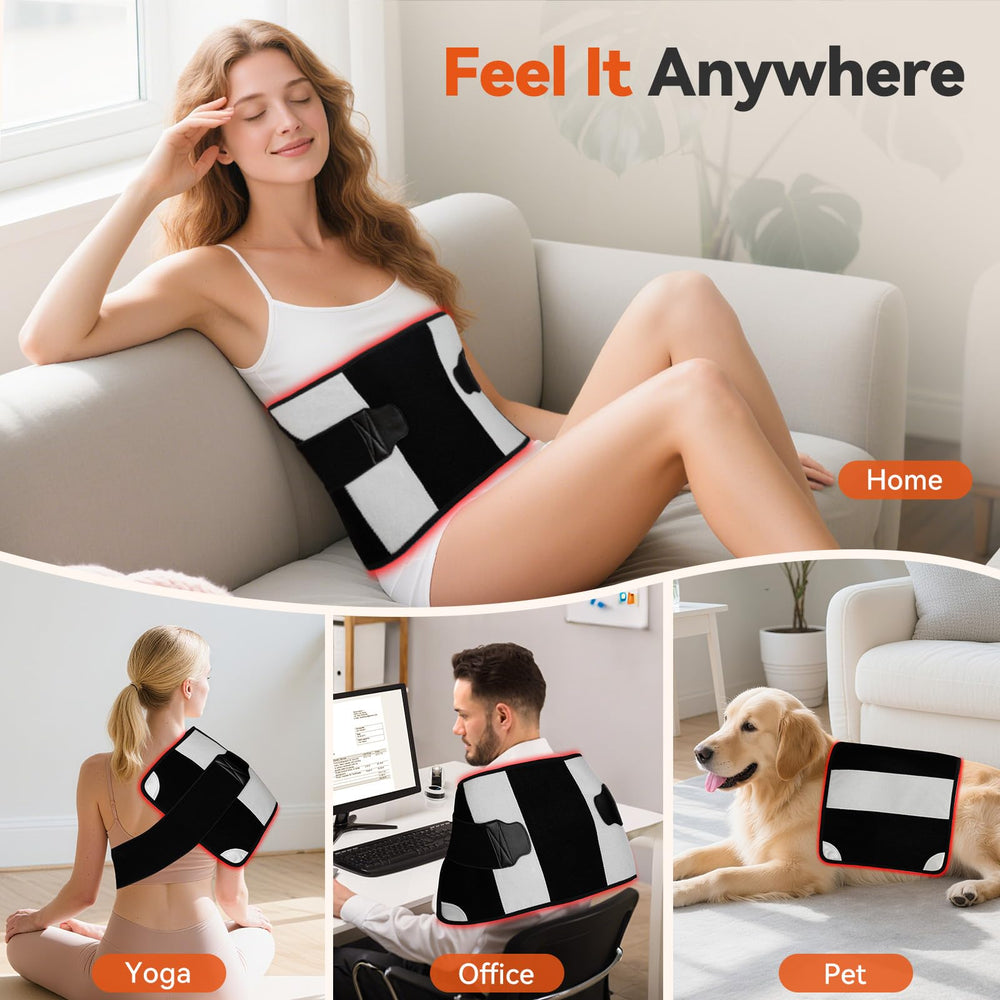 Puroth red light therapy mat placed across legs for full lower-body relief.