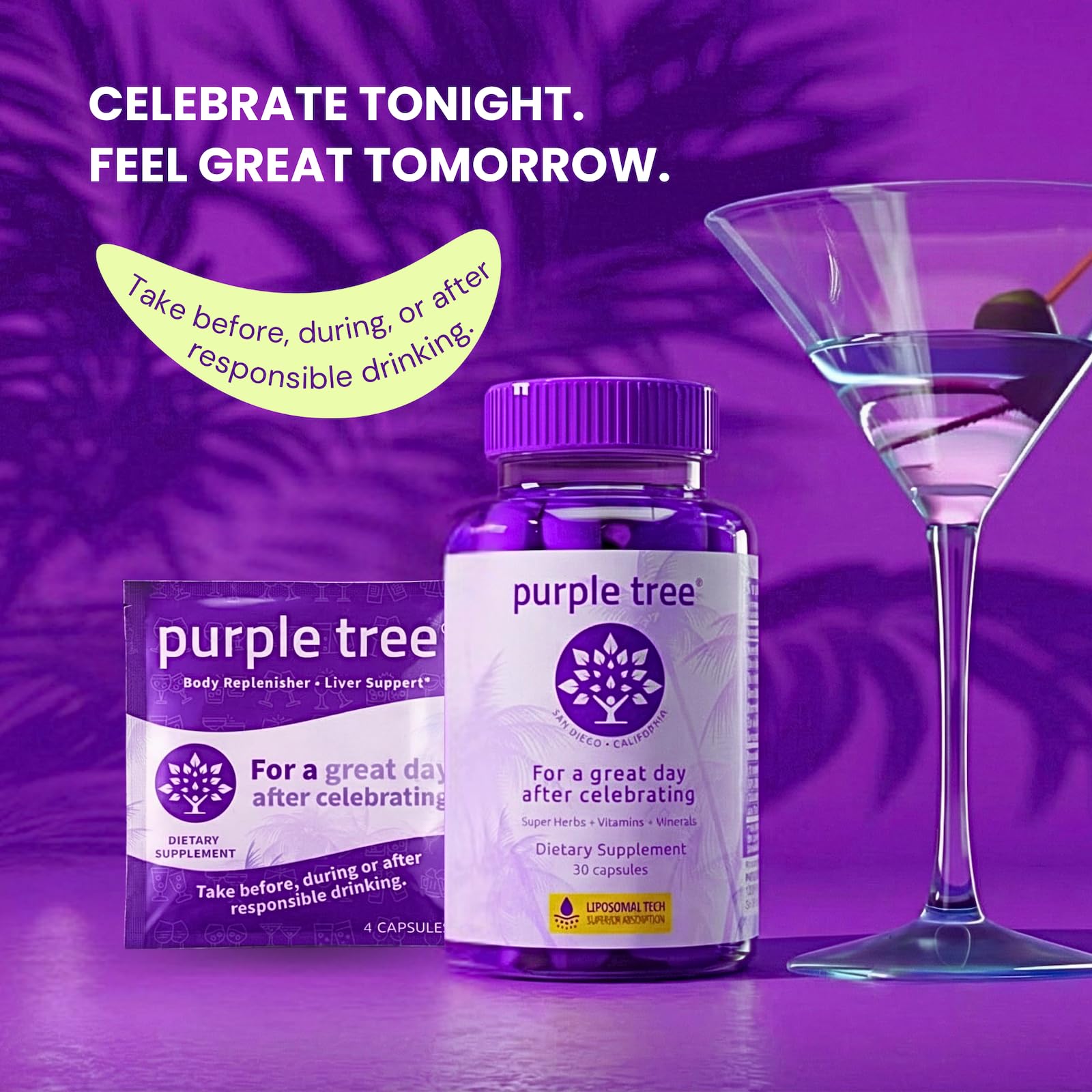 Purple Tree liposomal DHM capsules close up emphasizing absorption