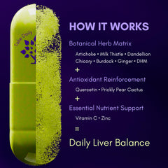 Purple Tree Happy Liver Daily bottle pour demonstrates easy, consistent daily dosing.