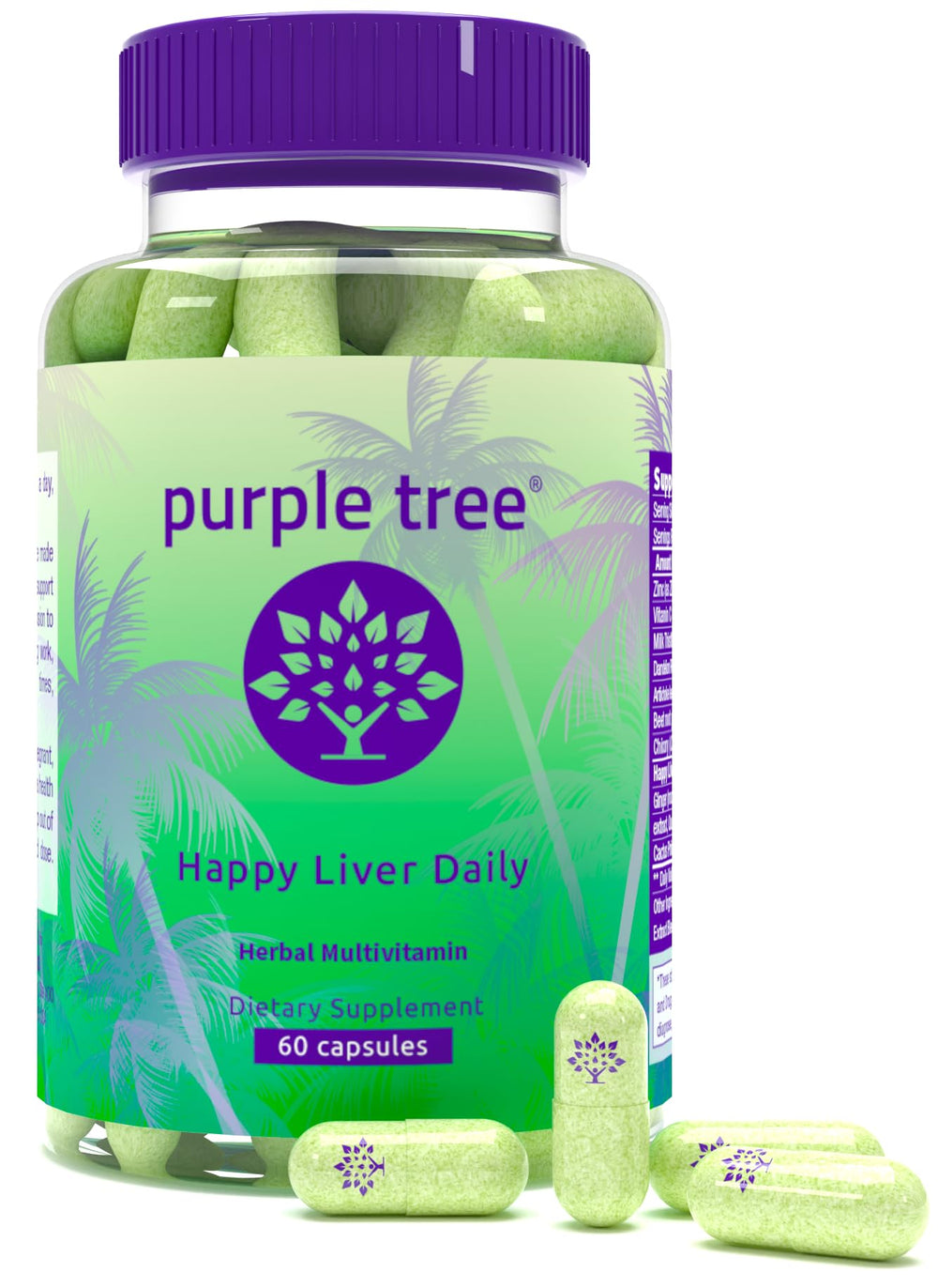 Purple Tree Happy Liver Daily bottle showcases plant-based liver support for daily wellness.