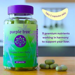 Purple Tree Happy Liver Daily capsules close-up highlights vegan formula for daily detox support.
