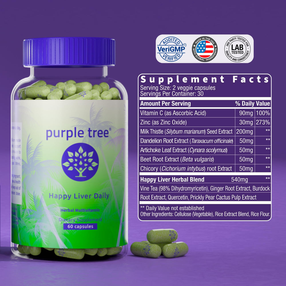 Purple Tree Happy Liver Daily glass with bottle suggests simple hydration and routine use.