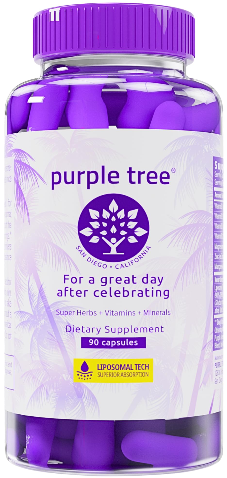 Purple Tree post-celebration wellness bottle on a clean countertop for recovery possibilities.