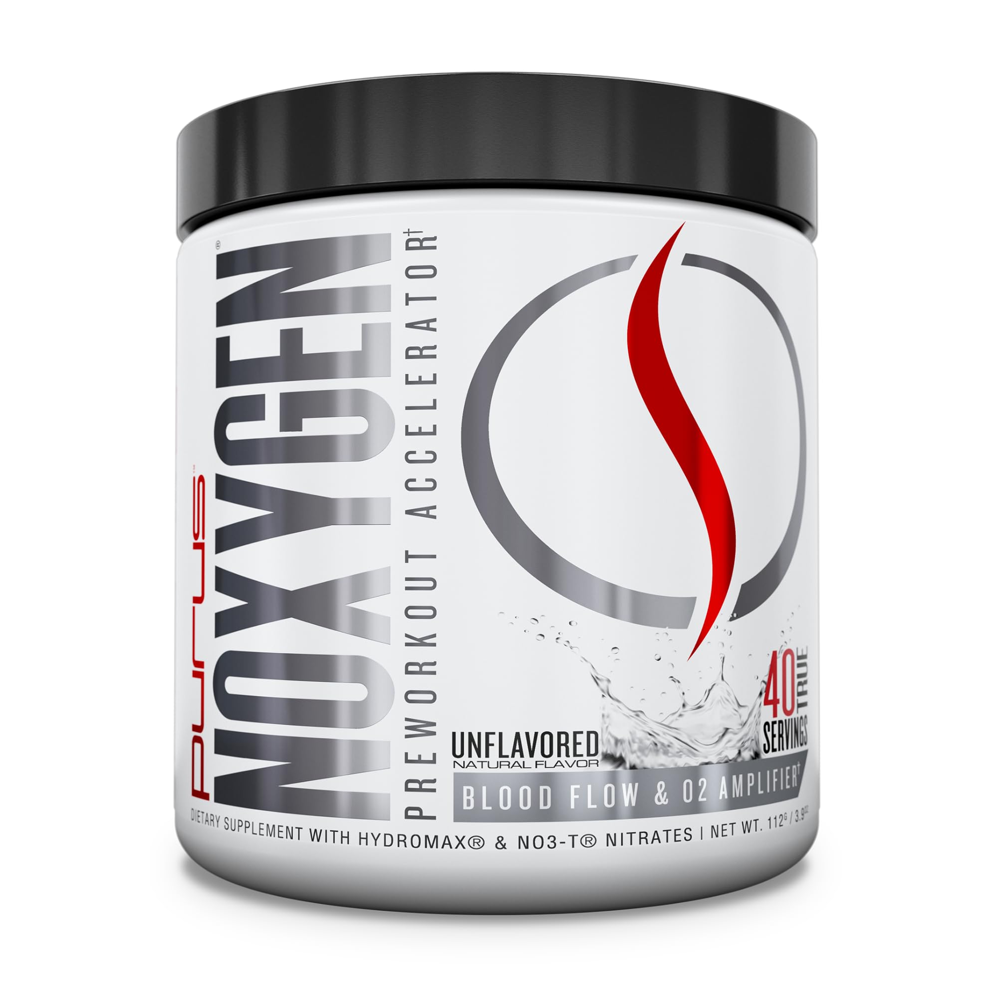 Purus Labs NOXYGEN powder bottle shows stimulant-free support for better blood flow.