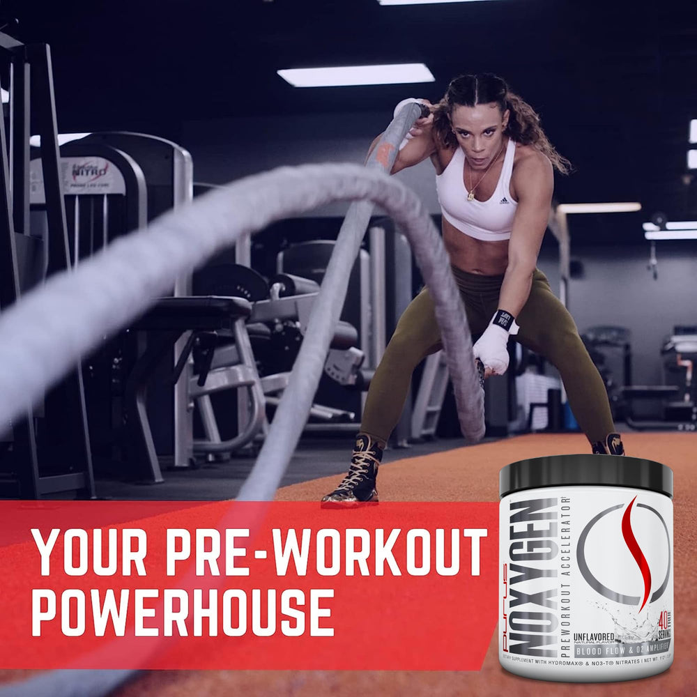 Purus Labs NOXYGEN powder container communicates unflavored formula adaptable to routines.