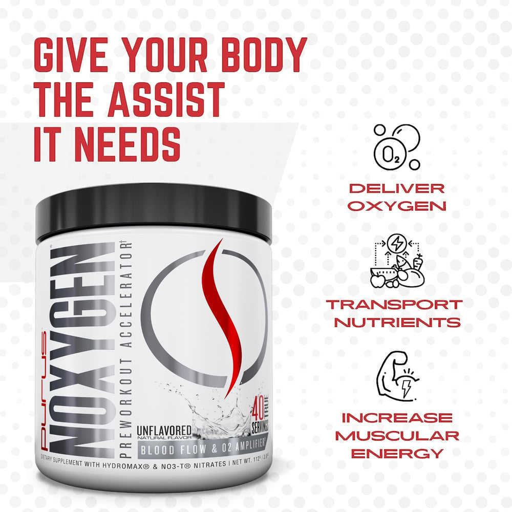 Purus Labs NOXYGEN powder bottle emphasizes stimulant-free nitrogen support during training.