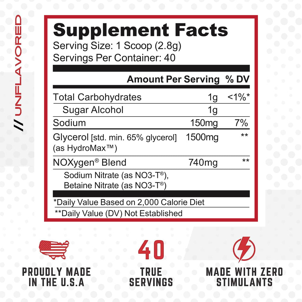 Purus Labs NOXYGEN powder scoop highlights easy rapid mix with no creatine or dyes.
