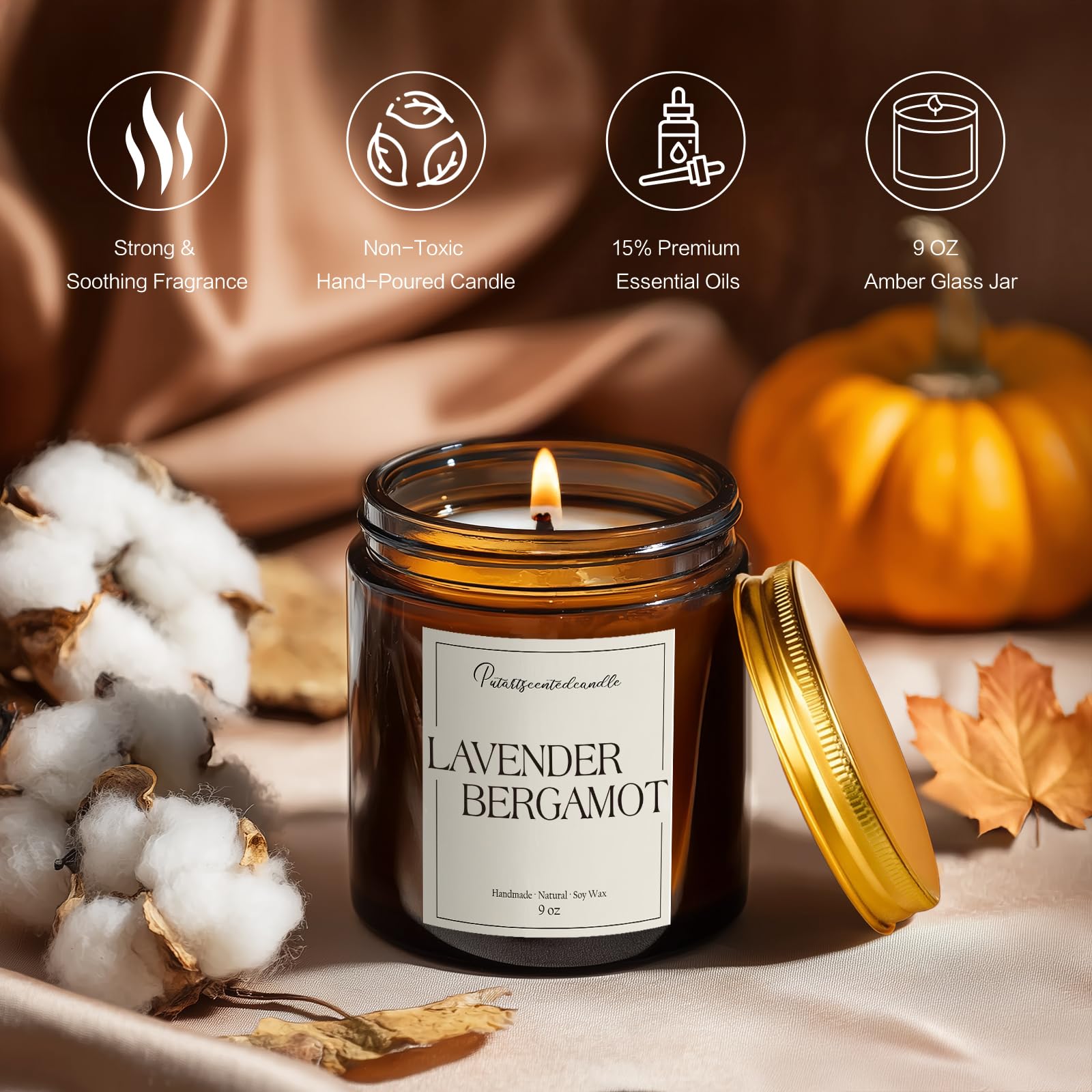 Putart amber glass jar with gold lid enhances decor while releasing a pleasant scent.