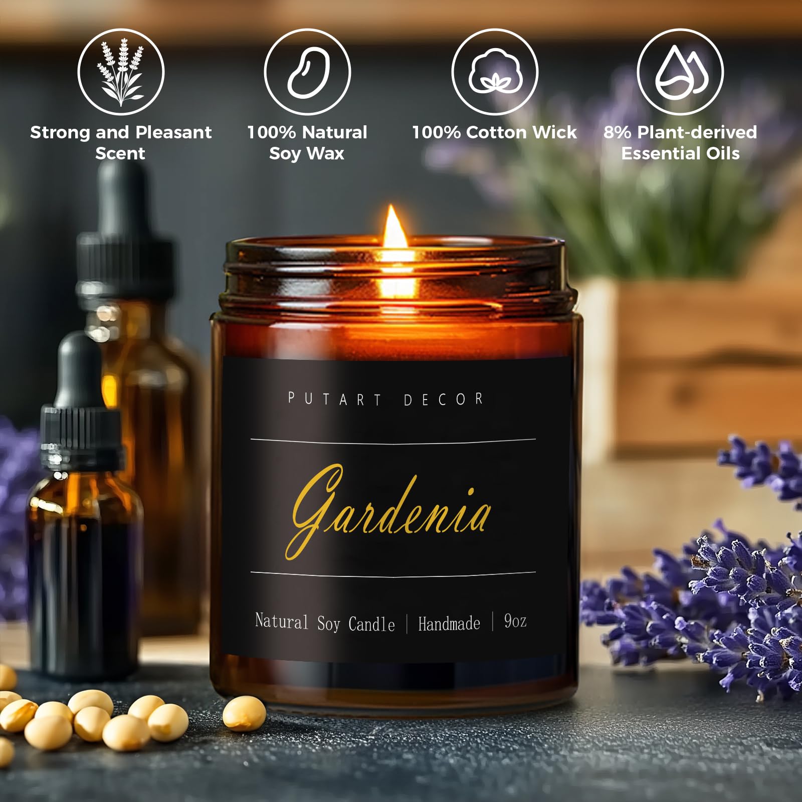 Putart Gardenia vela de soja con mecha de algodón, combustión limpia.