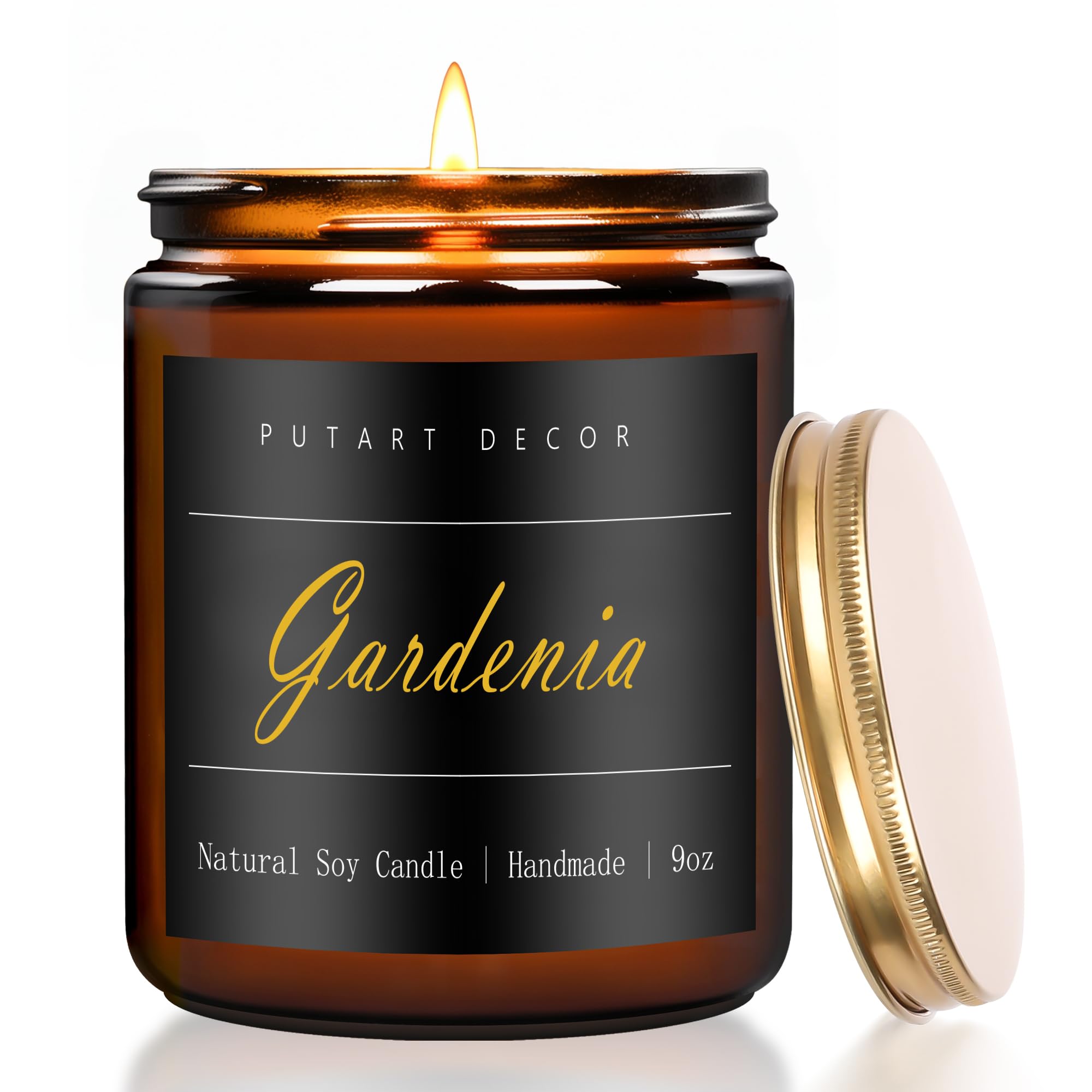 Putart Gardenia vela en frasco ámbar, aroma envolvente para sala y relajación.