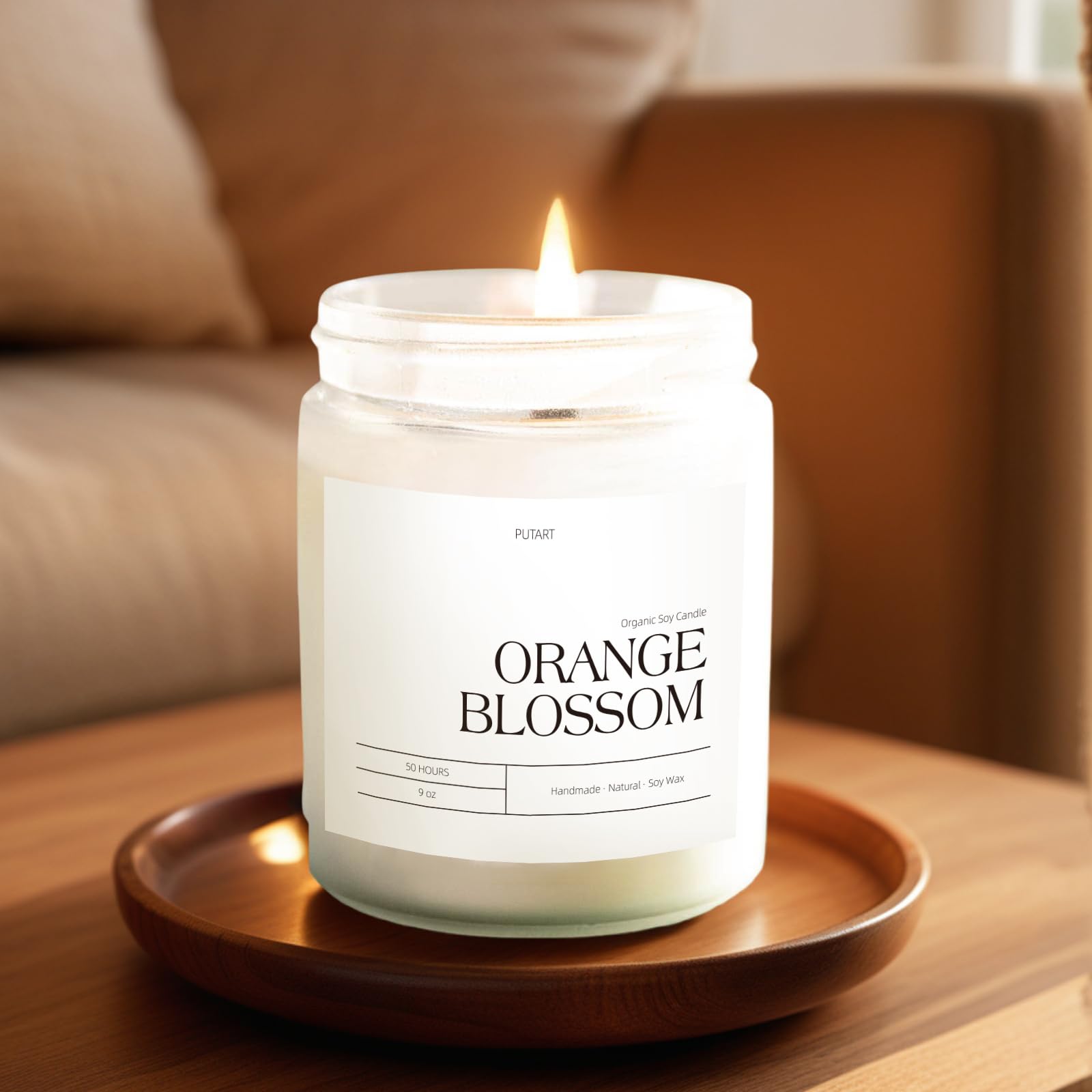 Putart Orange Blossom Candle golden lid on stylish frosted jar