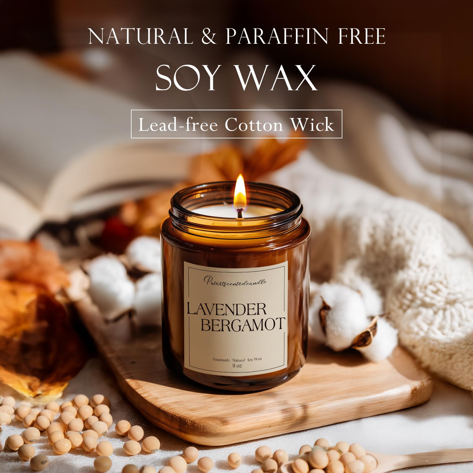 Putart candle with lead-free cotton wick ensuring steady, even burn.
