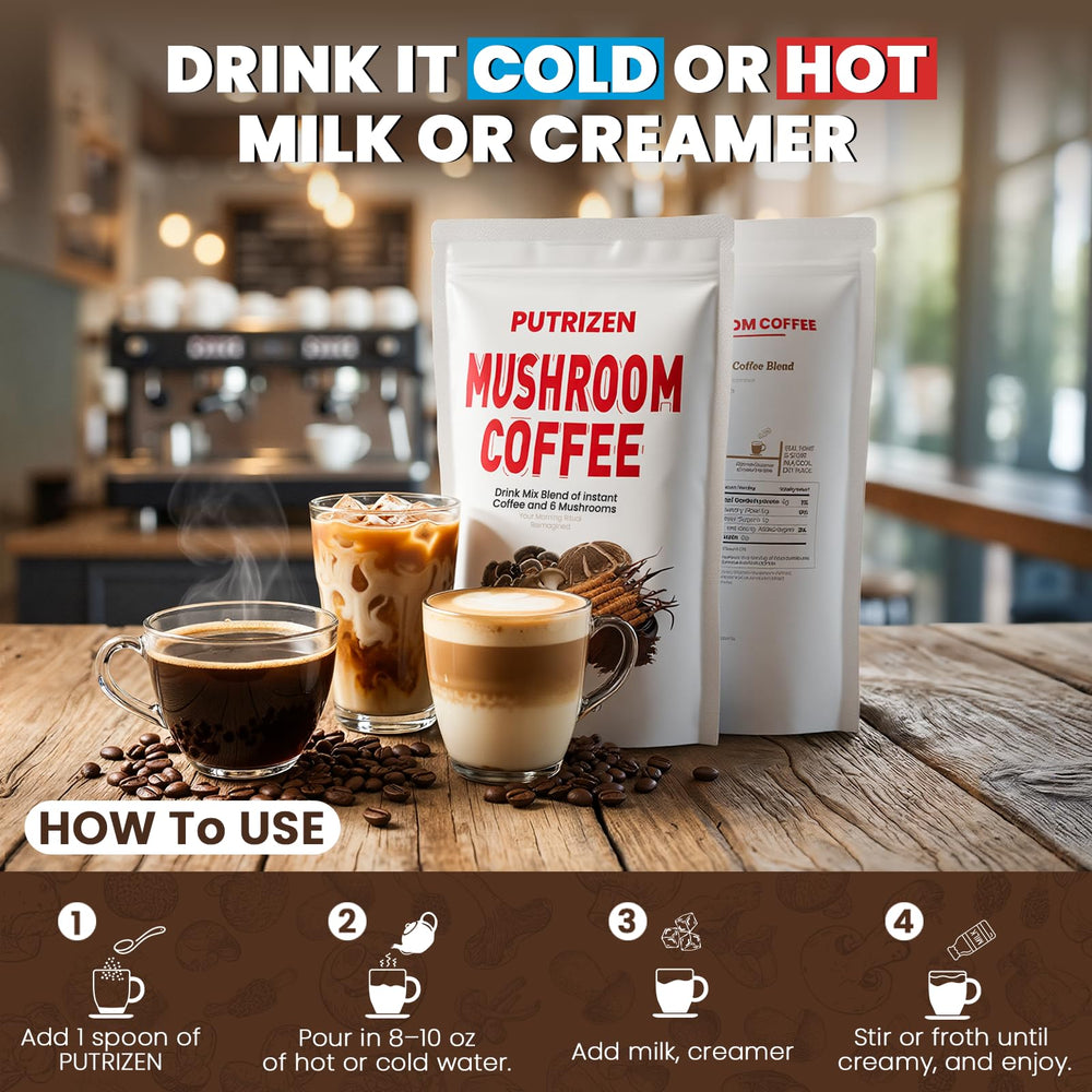 PUTRIZEN Mushroom Coffee latte-ready setup with milk highlights versatility.
