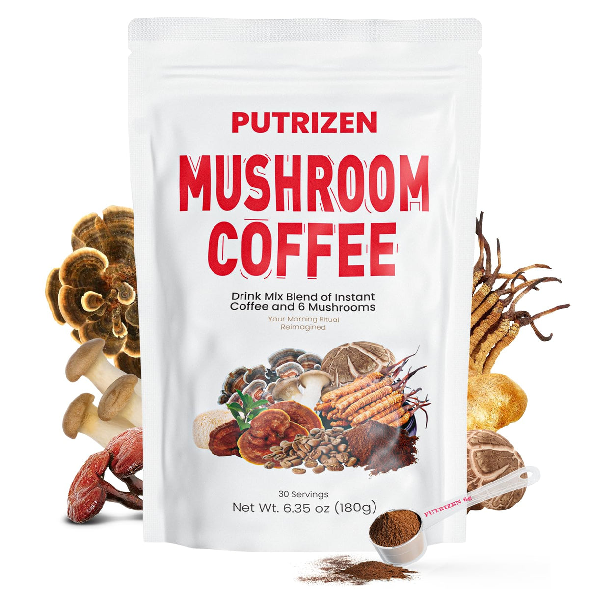 PUTRIZEN Mushroom Coffee pack shot highlights six adaptogenic mushrooms for steady energy.